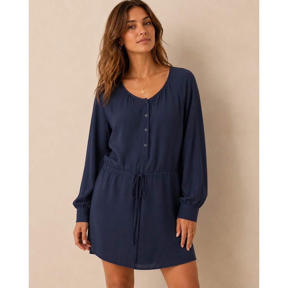 Gap Navy Blue Long Sleeve Drawstring Waist Shirt Dress XS NWT‎